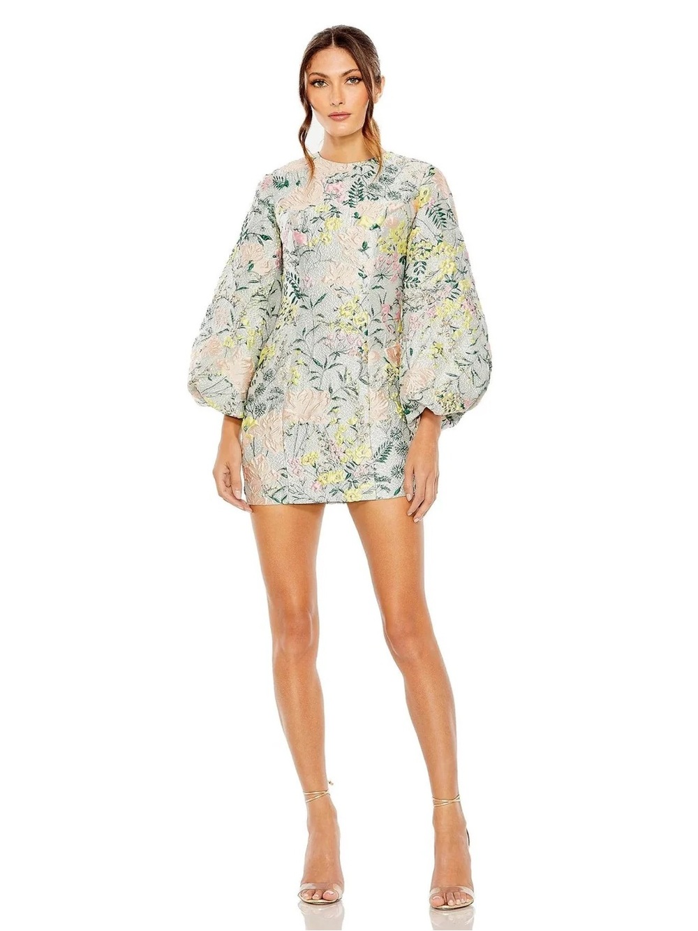 Mac Duggal Pastel Floral Brocade Puff-Sleeve Mini Dress